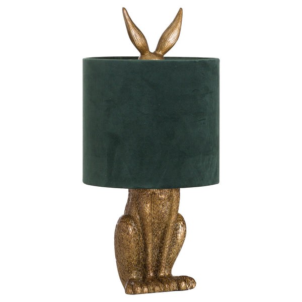 Lampe de table antique dorée en forme de lièvre avec abat-jour en velours vert