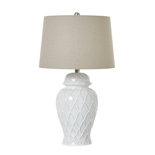 Lampe en céramique blanche en forme de pot à gingembre avec abat-jour en lin