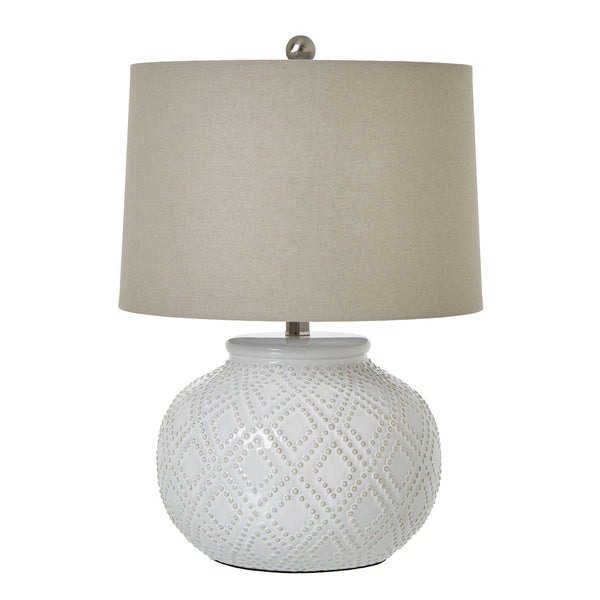 Lampe trapue en céramique blanche perlée avec abat-jour en lin