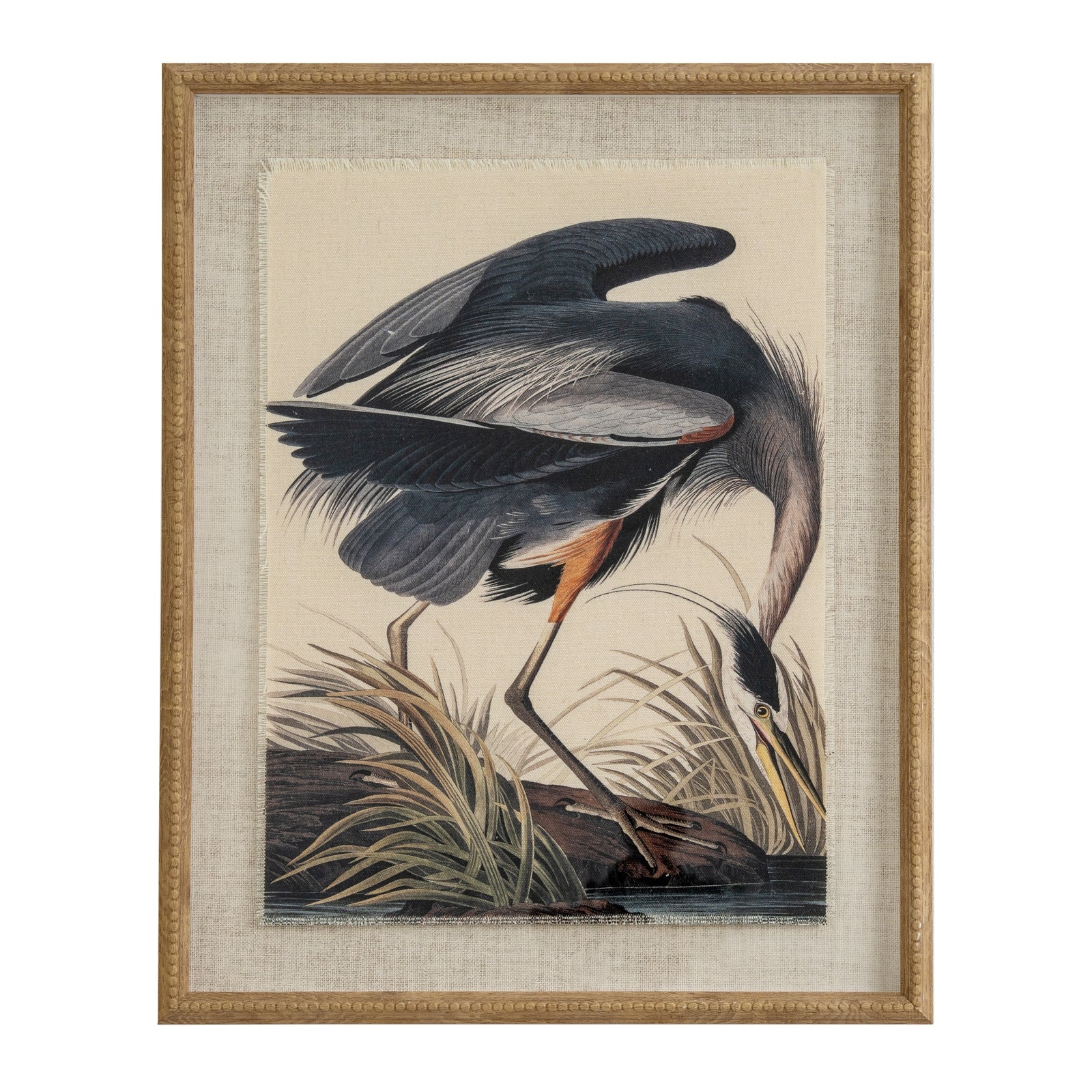 Heron Linen Wall Art Print in Beaded Wooden Frame