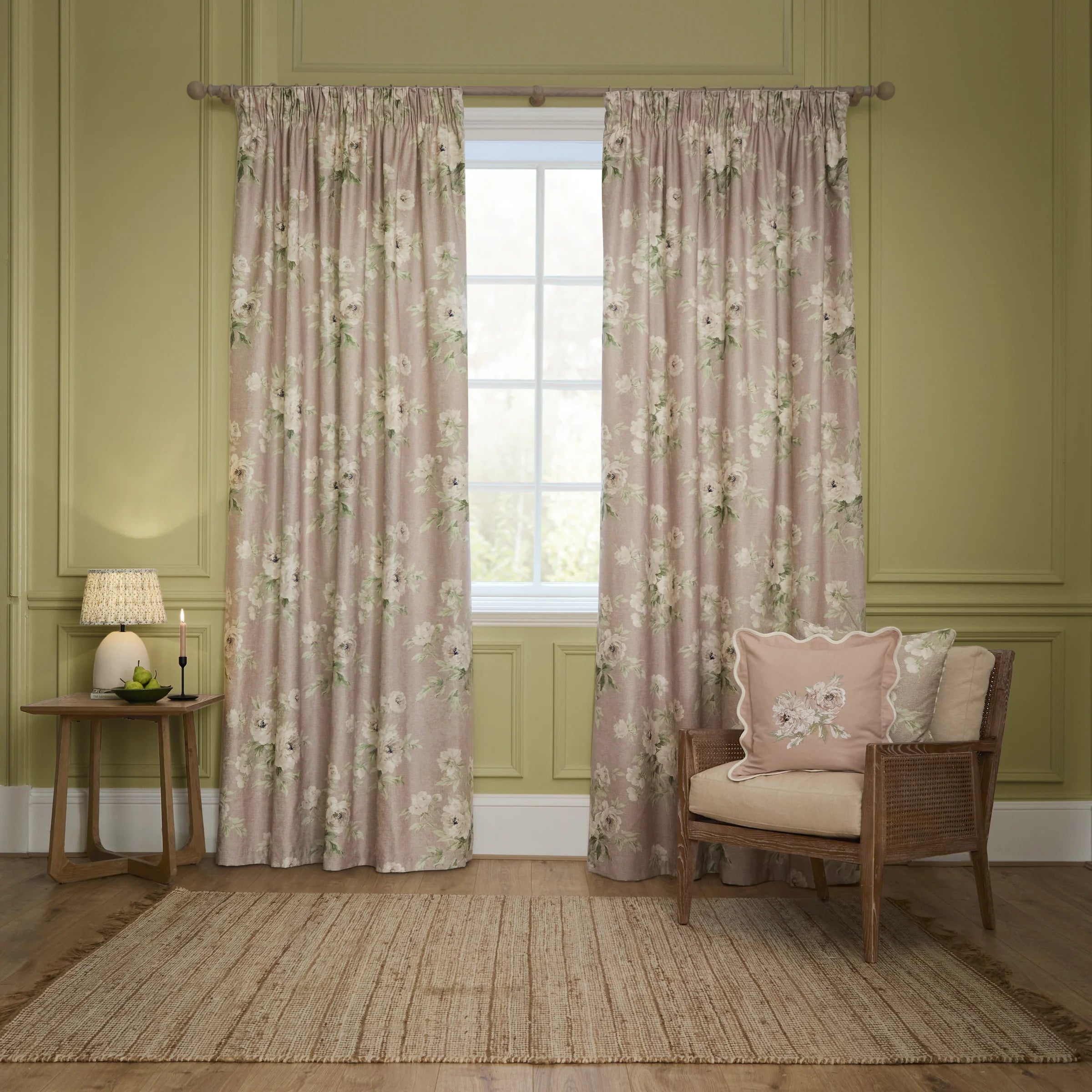 Adele Floral Chenille Pencil Pleat Curtains - Rose