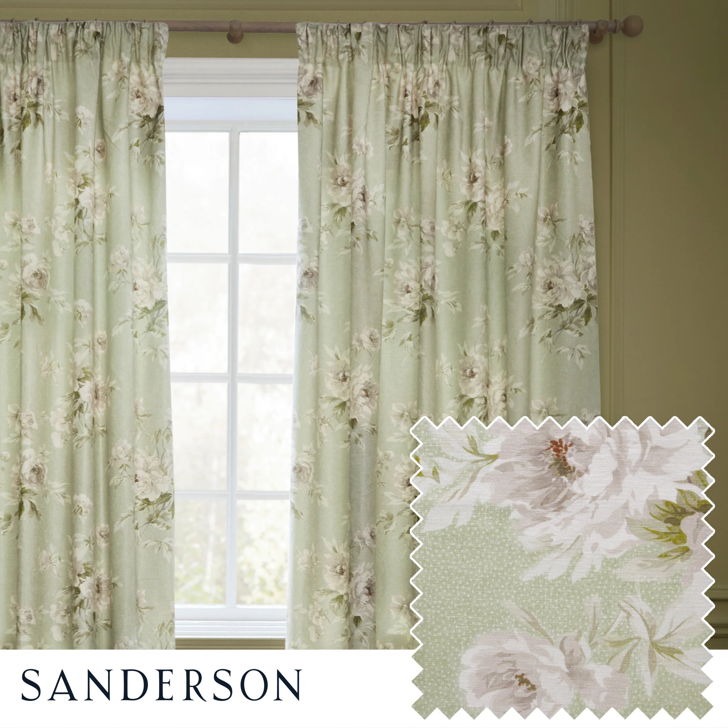 Adele Floral Chenille Pencil Pleat Curtains - Sage