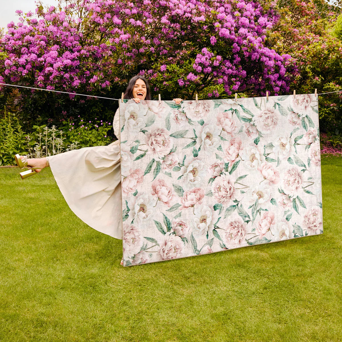 Tapis écologique lavable-Pivoines en fleurs rose huître