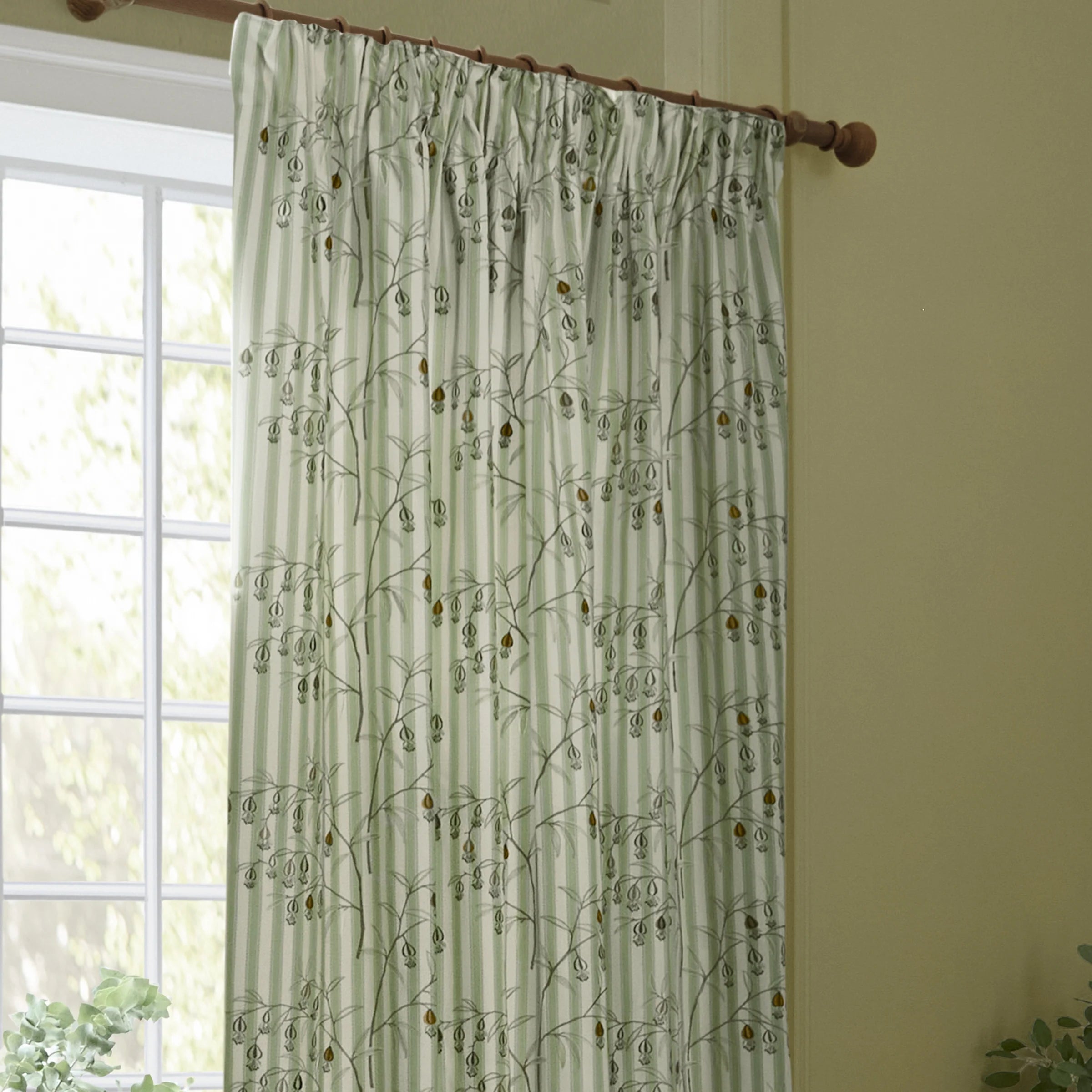 Chinese Lanterns Embroidered Pencil Pleat Curtains - Sage