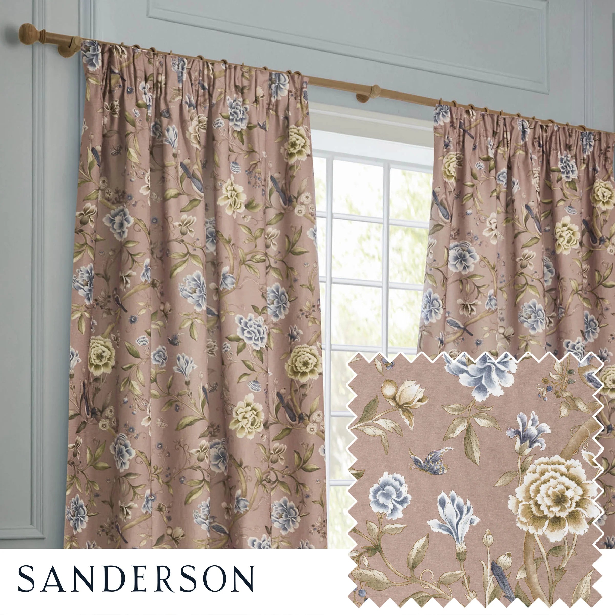 Porcelain Garden Printed Chenille Pencil Pleat Curtains - Blush