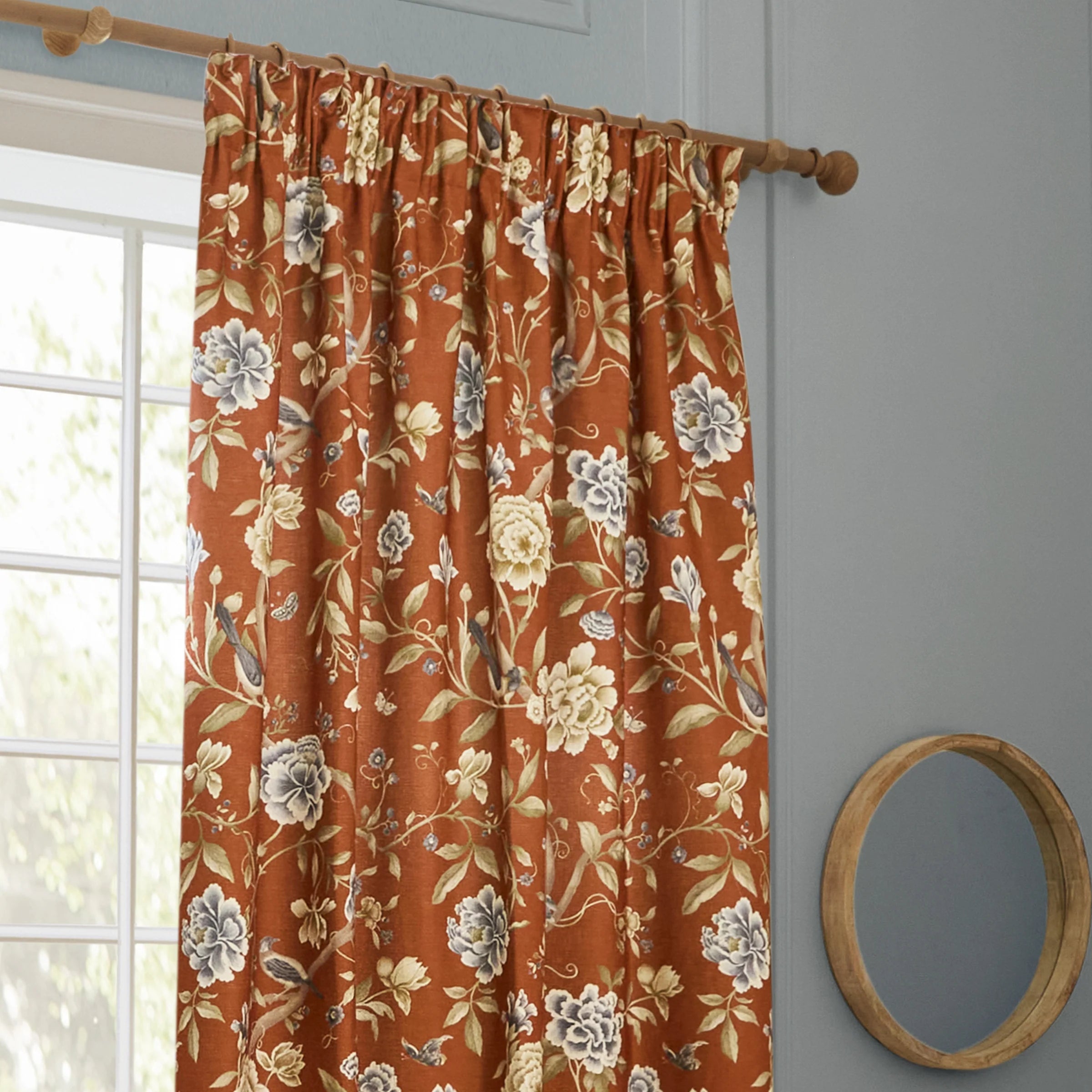 Porcelain Garden Printed Chenille Pencil Pleat Curtains - Rust