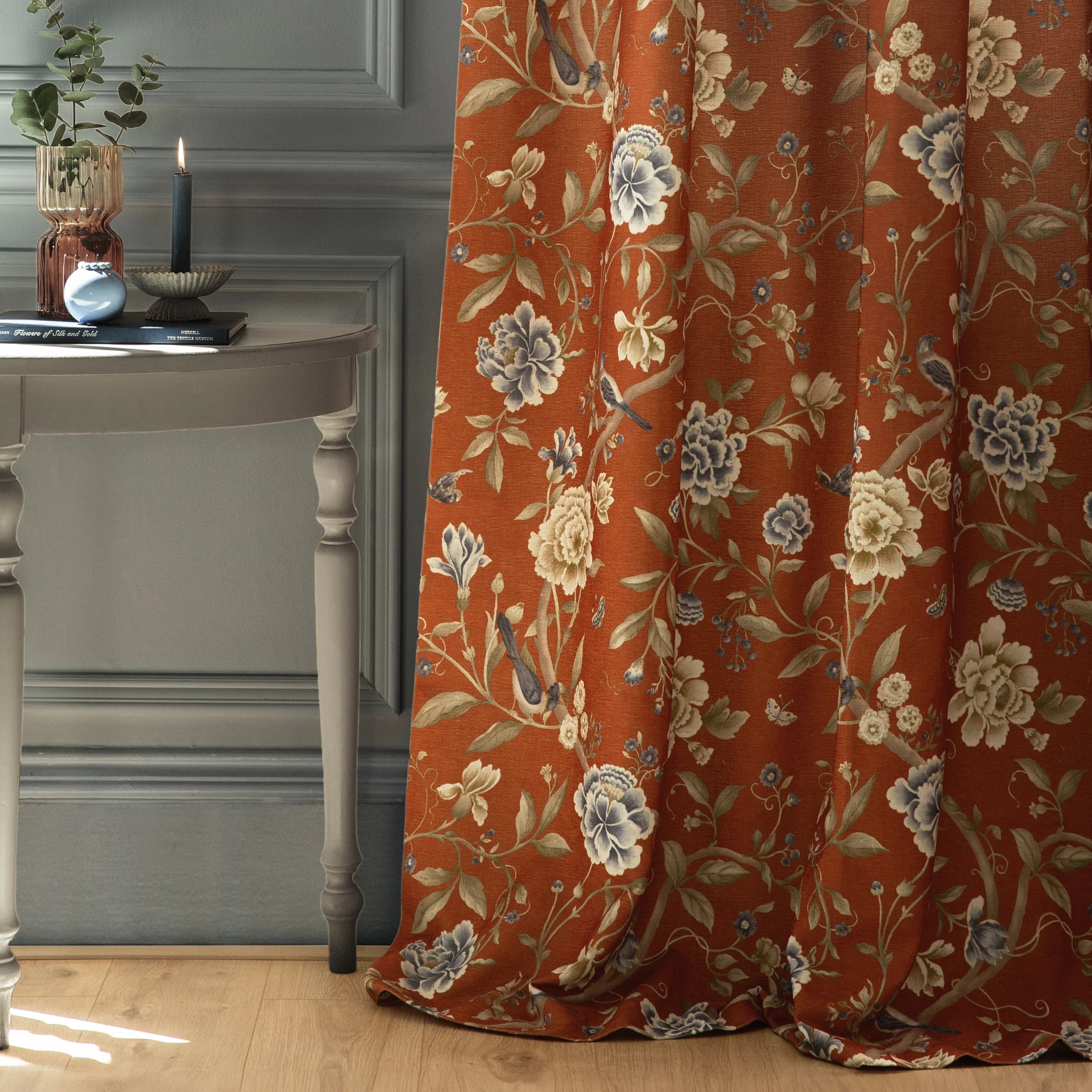 Porcelain Garden Printed Chenille Pencil Pleat Curtains - Rust