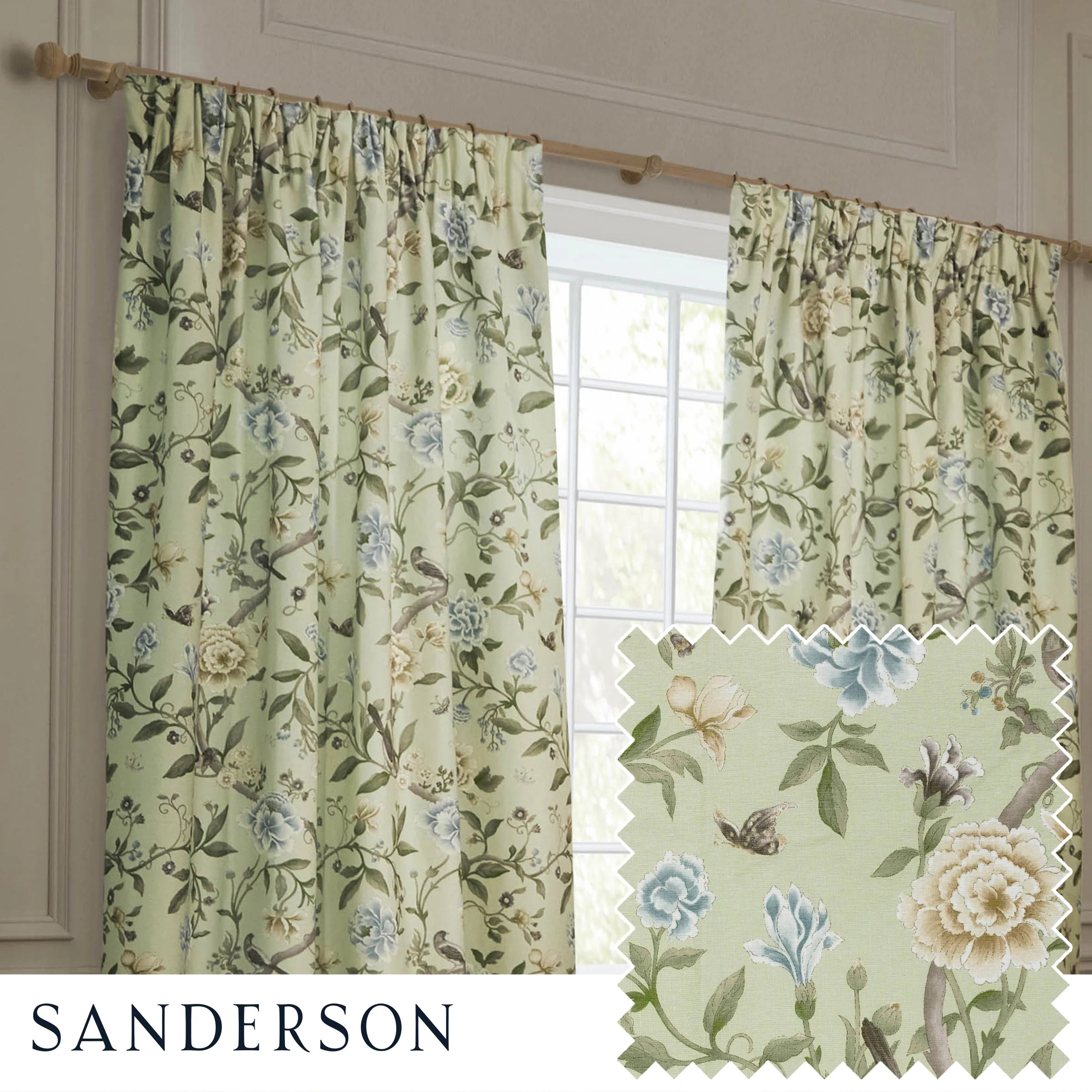 Porcelain Garden Printed Chenille Pencil Pleat Curtains - Sage