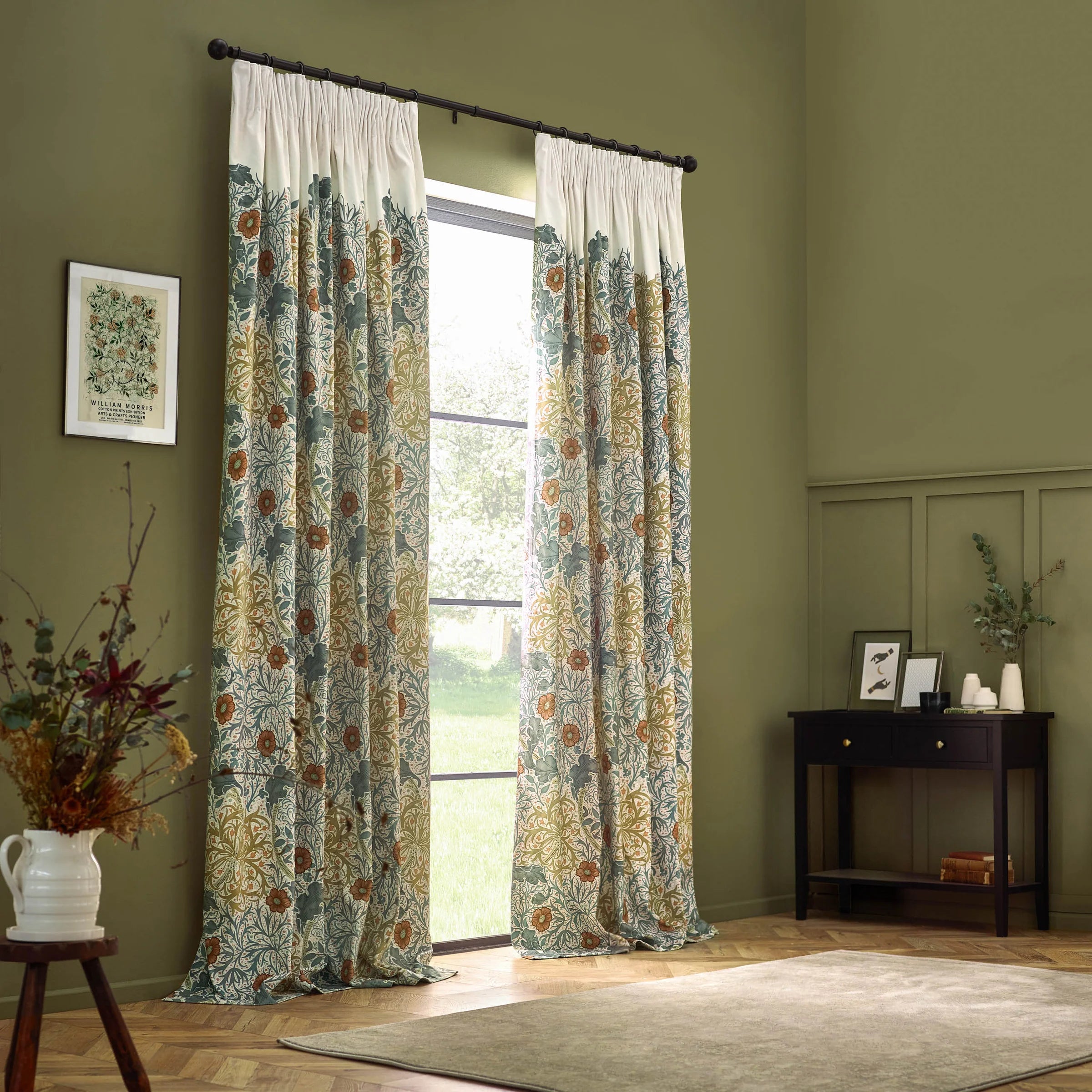 Seaweed Printed Velvet Pencil Pleat Curtains Stone/Sunflower