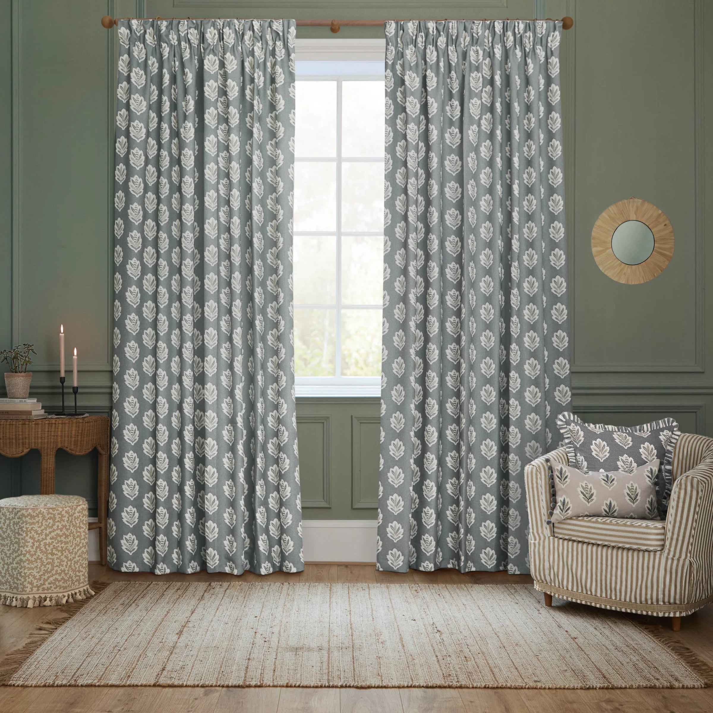 Sessile Leaf Motif Pencil Pleat Curtains - Delph Blue