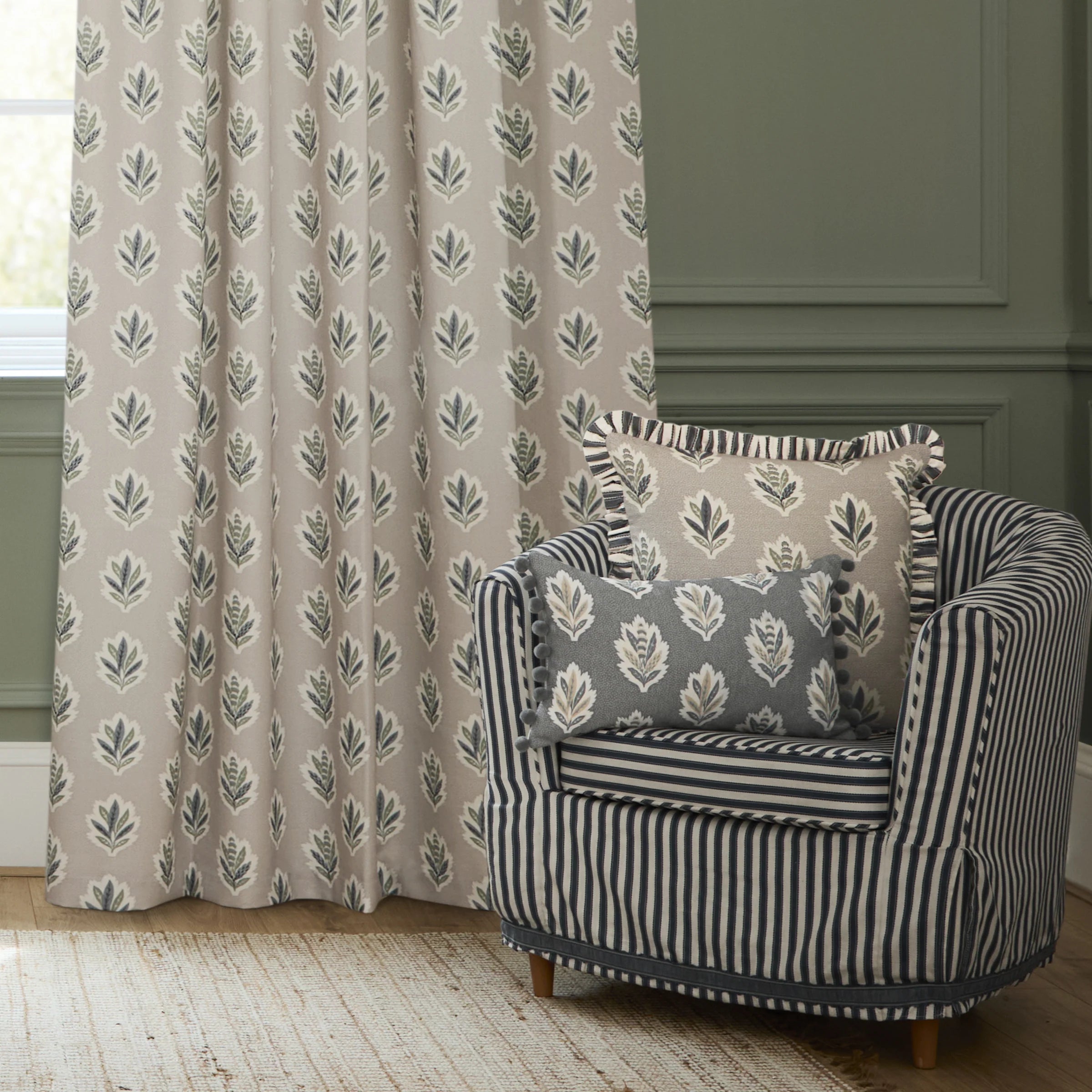 Sessile Leaf Motif Pencil Pleat Curtains - Flax