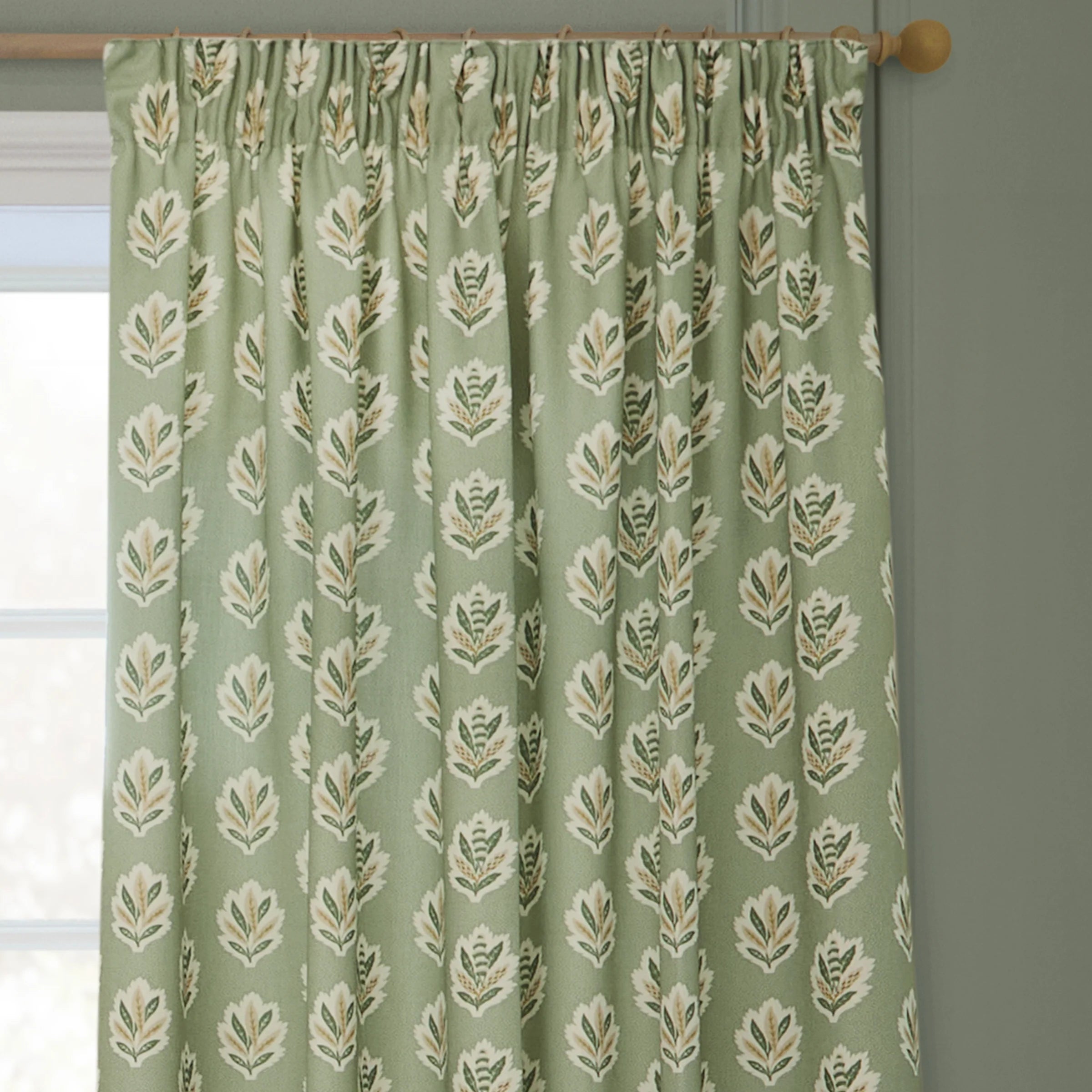 Sessile Leaf Motif Pencil Pleat Curtains - Sage