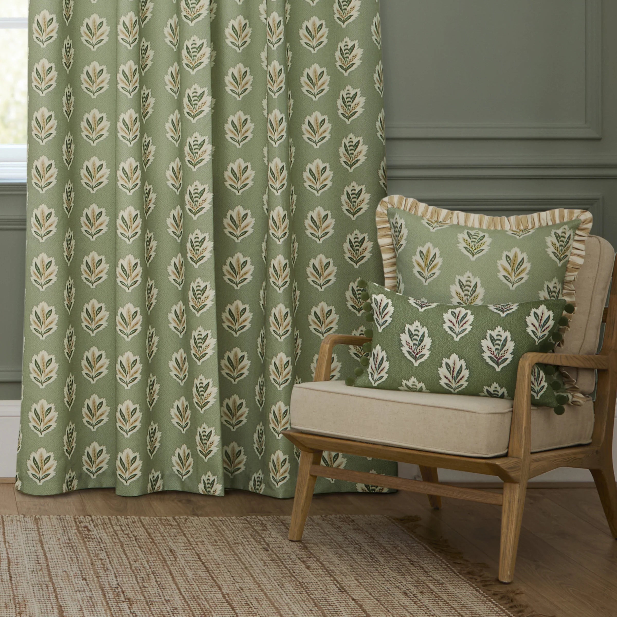 Sessile Leaf Motif Pencil Pleat Curtains - Sage