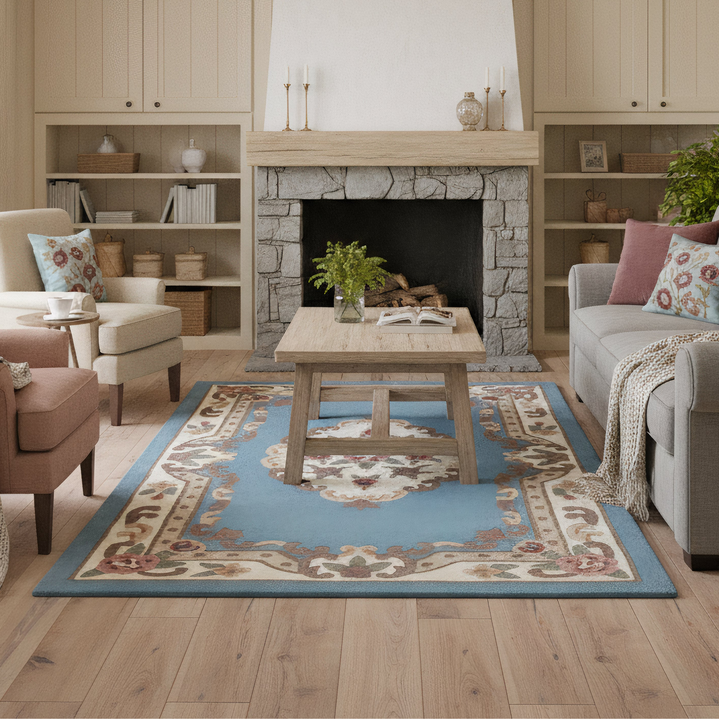 Vintage Motif - Blue Cushioned Wool Rug