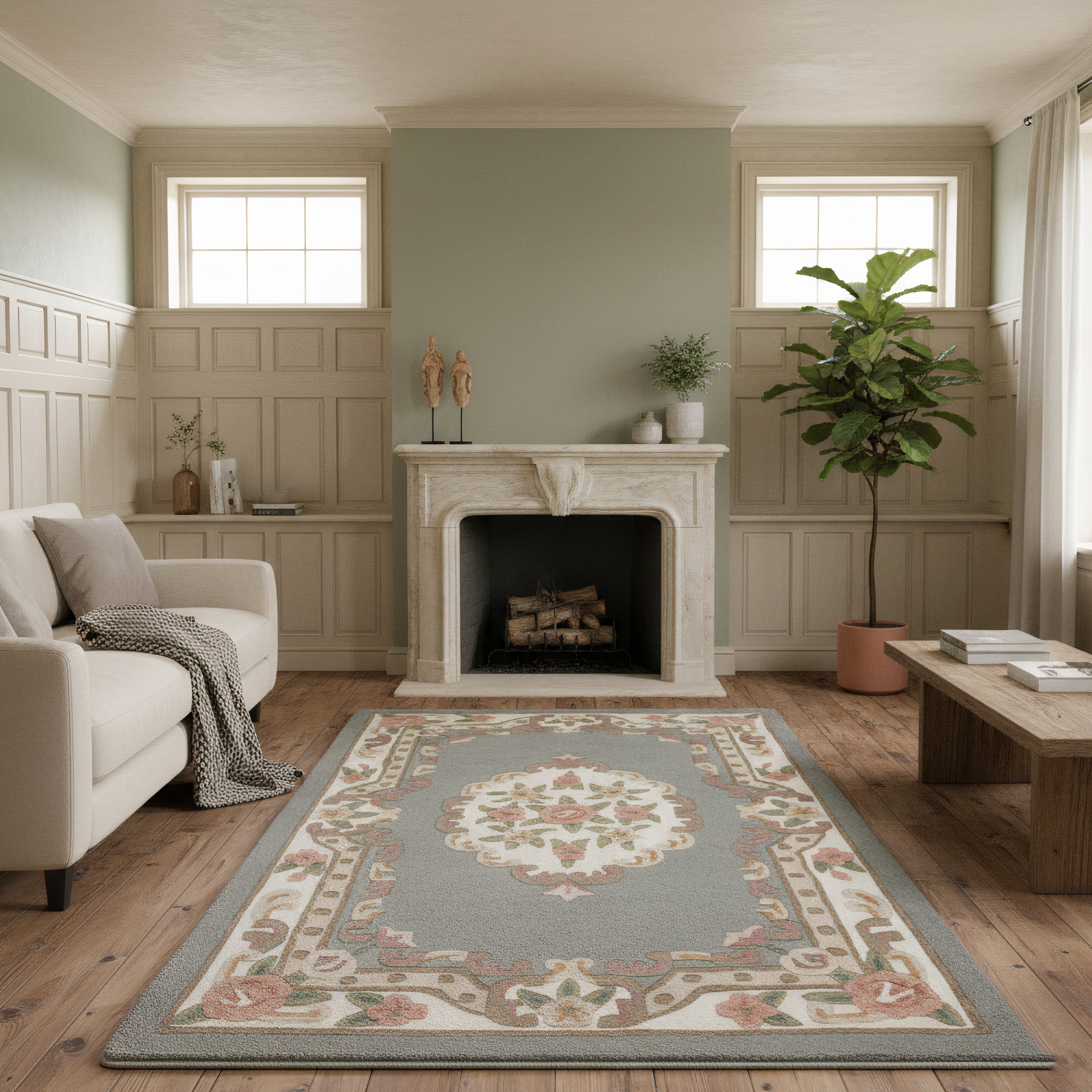 Vintage Motif - Grey Cushioned Wool Rug