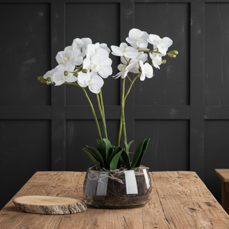 Faux White Orchid In Glass Pot