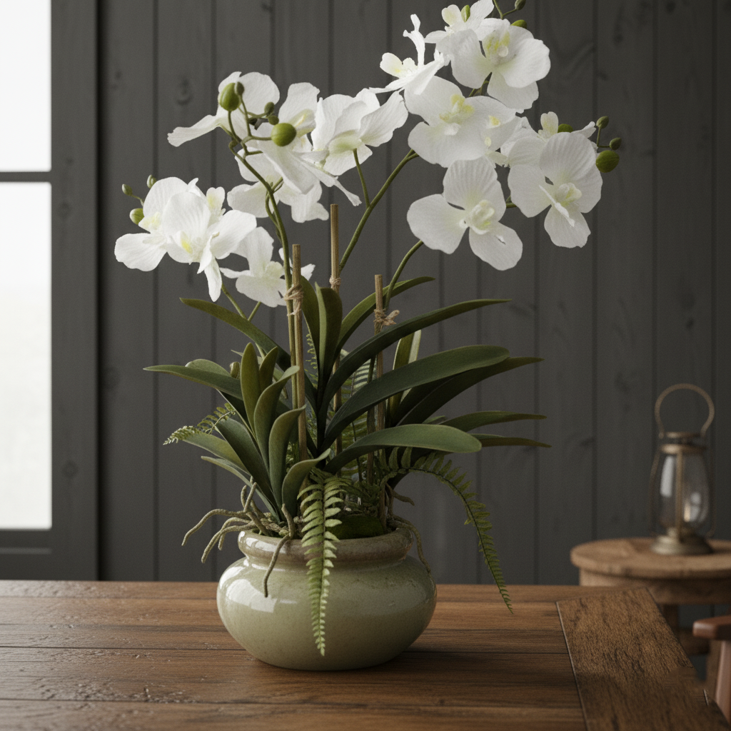 Faux White Vanda Orchid Plant In Ceramic Pot