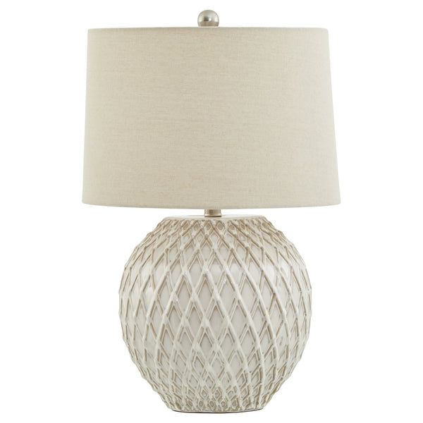 Lampada da tavolo in ceramica a reticolo con paralume in lino