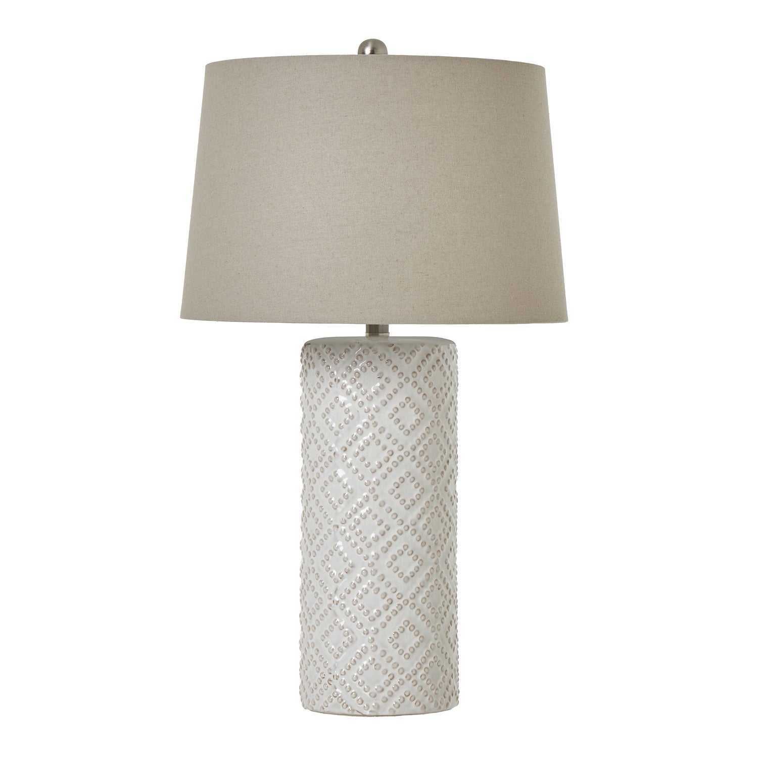 White Beaded Ceramic Lamp With Linen Lampshade