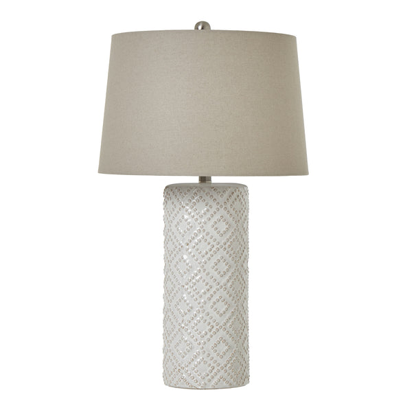 Lampada in ceramica bianca con perline e paralume in lino
