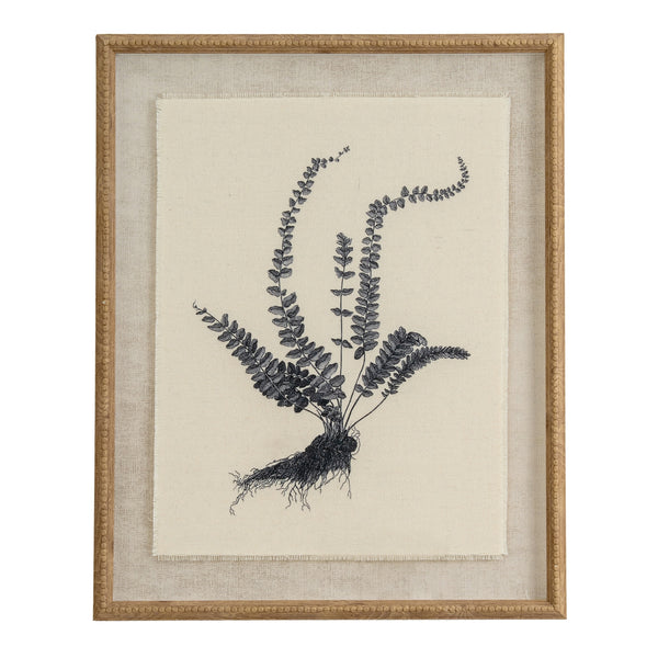 Stampa artistica su lino con felce araldica (Spleenwort) in cornice di legno con perline.