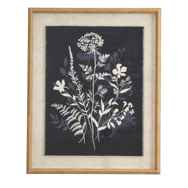 Stampa artistica da parete su lino con motivi botanici di un prato fiorito, incorniciata in una cornice di legno con perline.