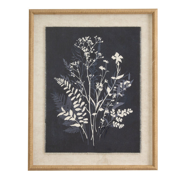 Stampa artistica da parete "Grove Botanical" su lino, con cornice in legno decorata.