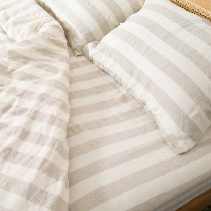 Cream Stripes 100% Natural Linen Fitted Bed Sheet