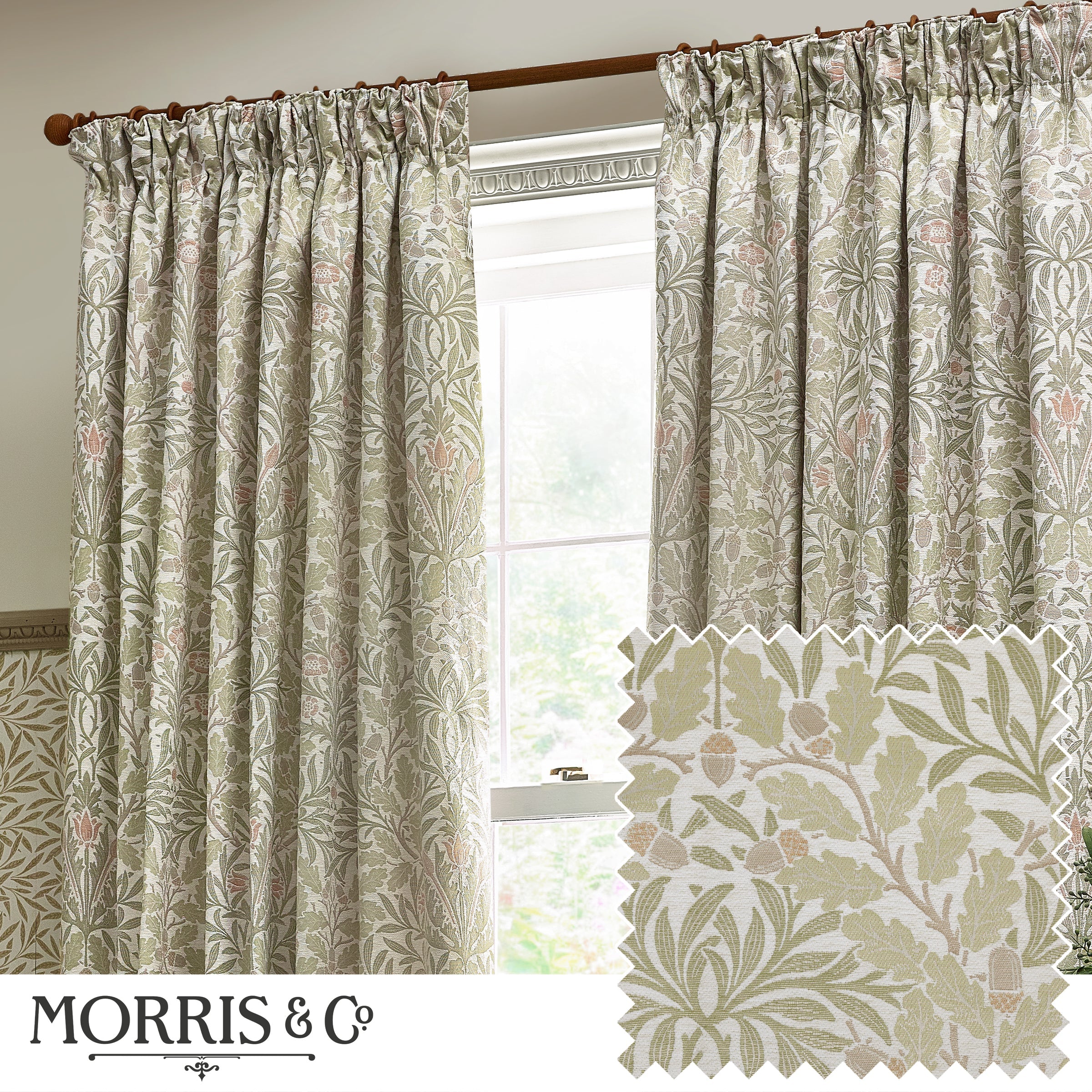 Acorn Multi Floral Jacquard Pencil Pleat Curtains - Stone/Sage