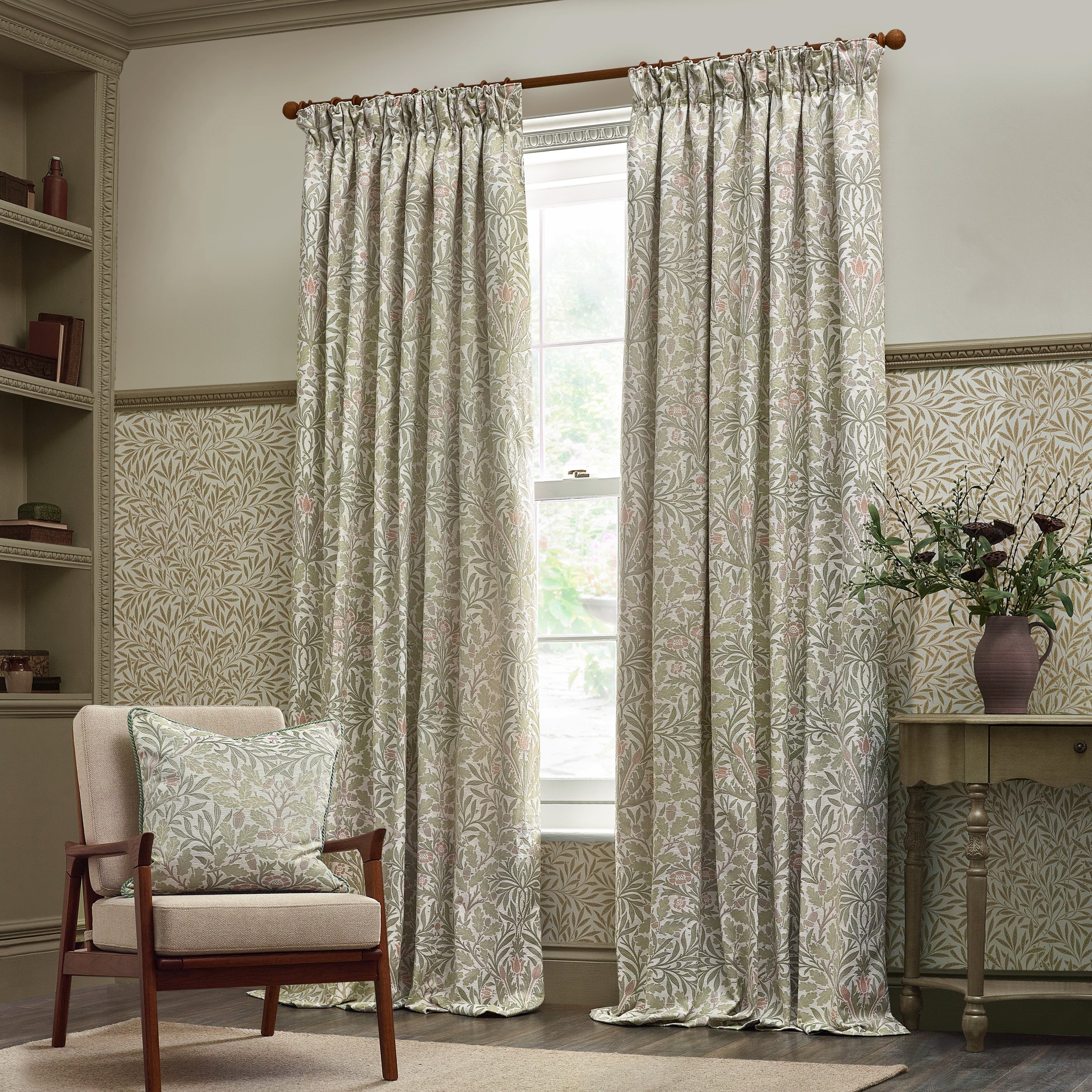 Acorn Multi Floral Jacquard Pencil Pleat Curtains - Stone/Sage
