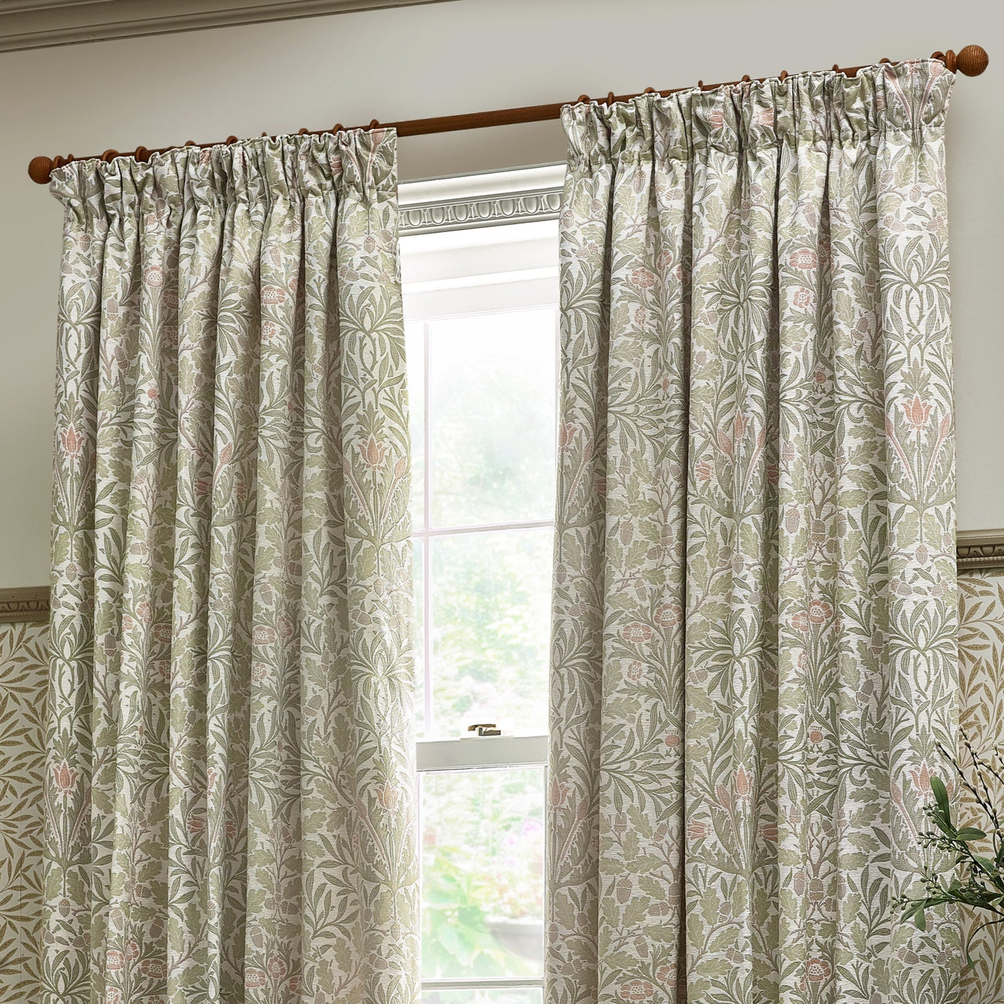 Acorn Multi Floral Jacquard Pencil Pleat Curtains - Stone/Sage