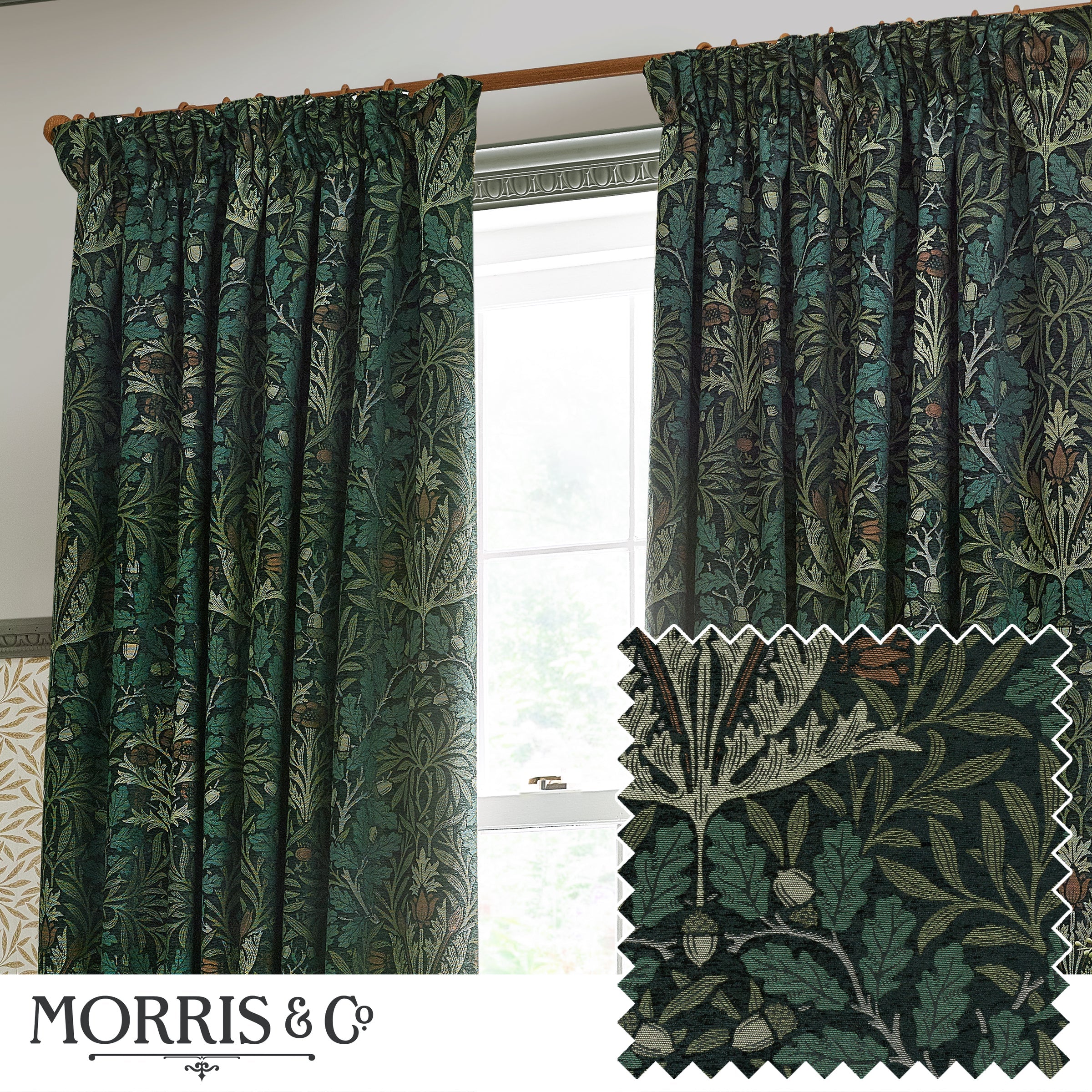 Acorn Multi Floral Jacquard Pencil Pleat Curtains - Thyme/Forest