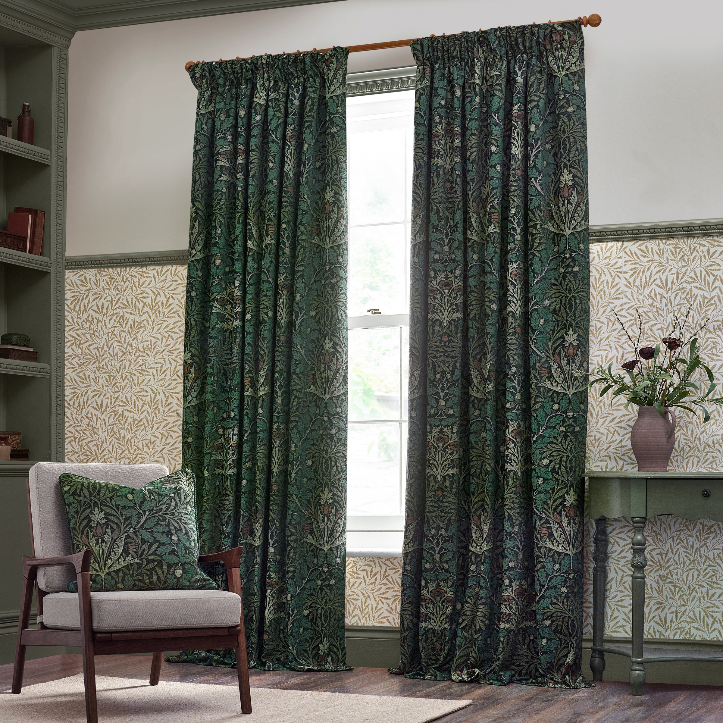 Acorn Multi Floral Jacquard Pencil Pleat Curtains - Thyme/Forest