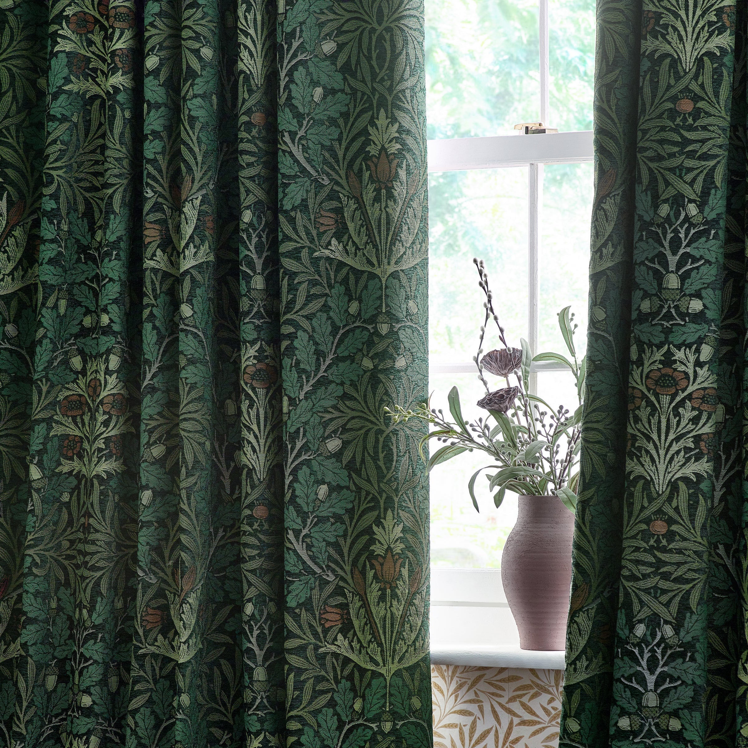 Acorn Multi Floral Jacquard Pencil Pleat Curtains - Thyme/Forest