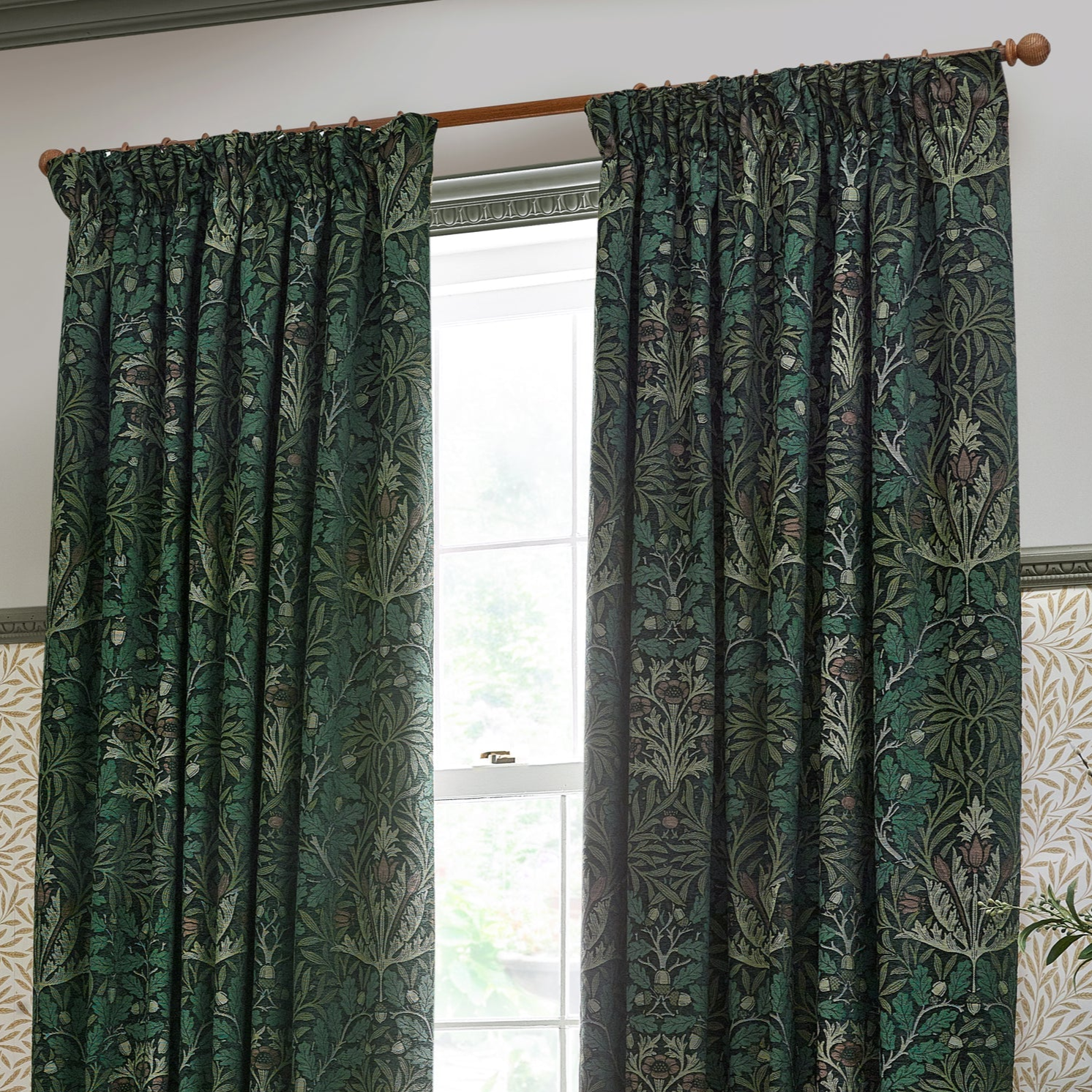 Acorn Multi Floral Jacquard Pencil Pleat Curtains - Thyme/Forest