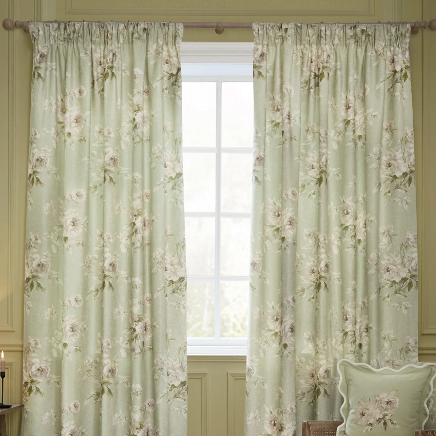 Adele Floral Chenille Pencil Pleat Curtains - Sage