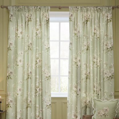 Adele Floral Chenille Pencil Pleat Curtains - Sage