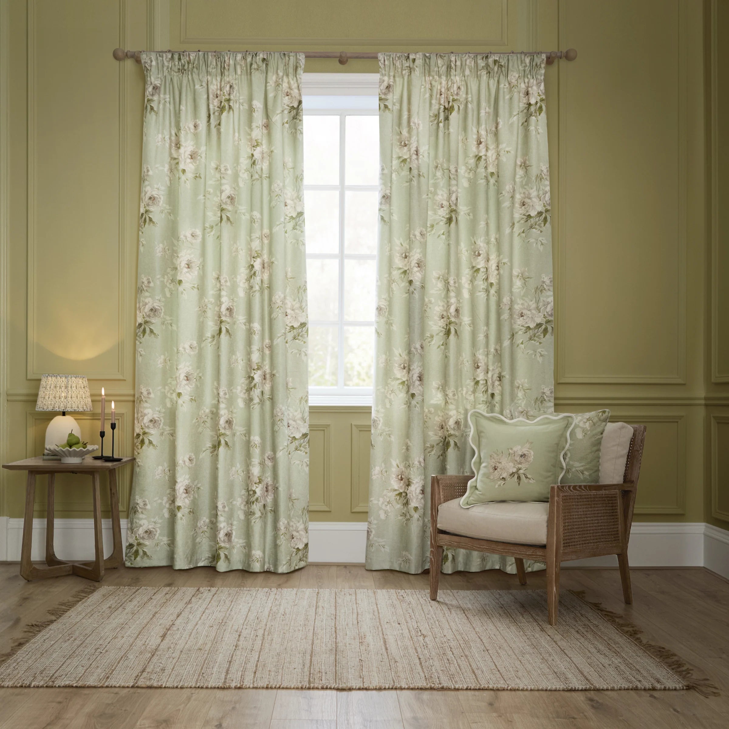 Adele Floral Chenille Pencil Pleat Curtains - Sage