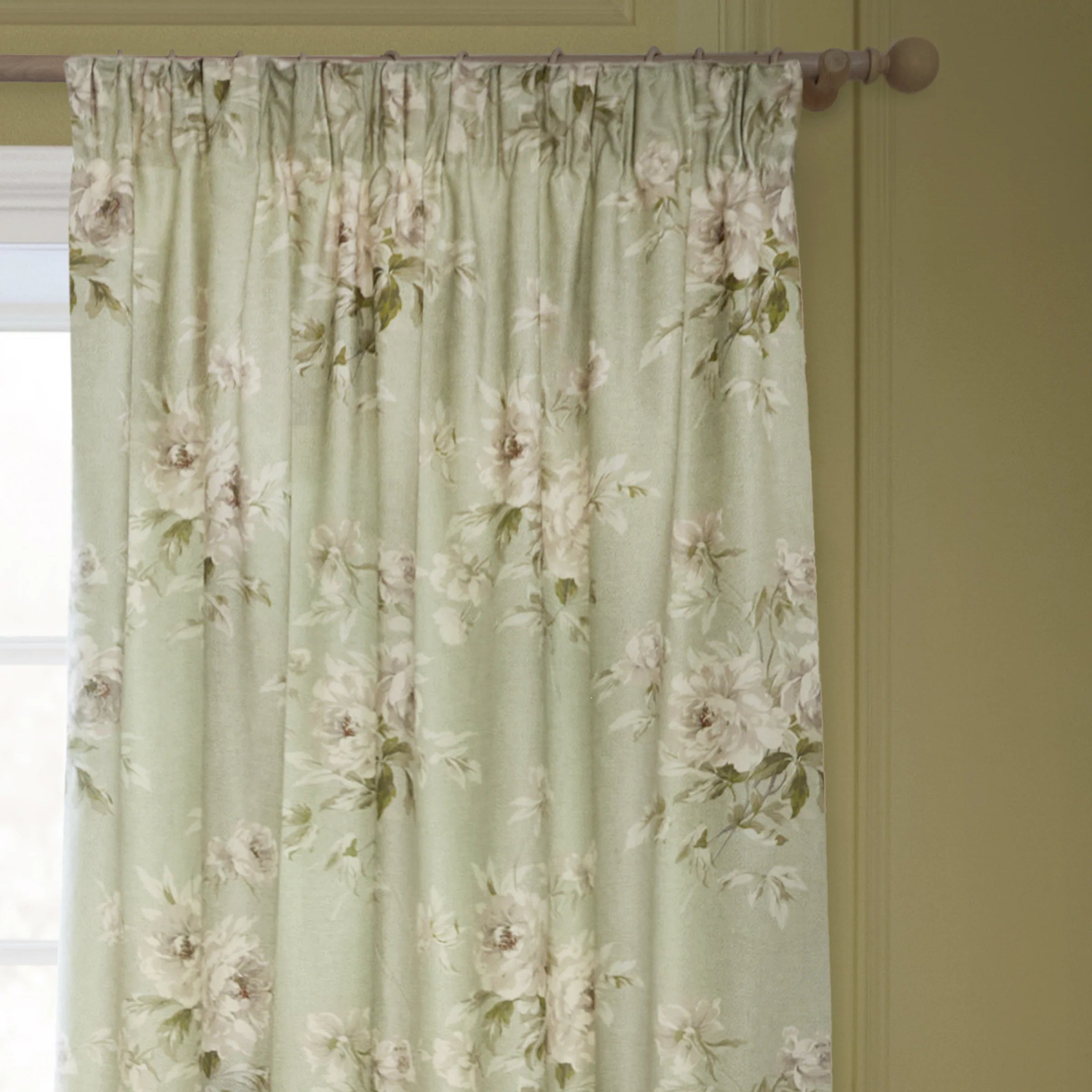 Adele Floral Chenille Pencil Pleat Curtains - Sage