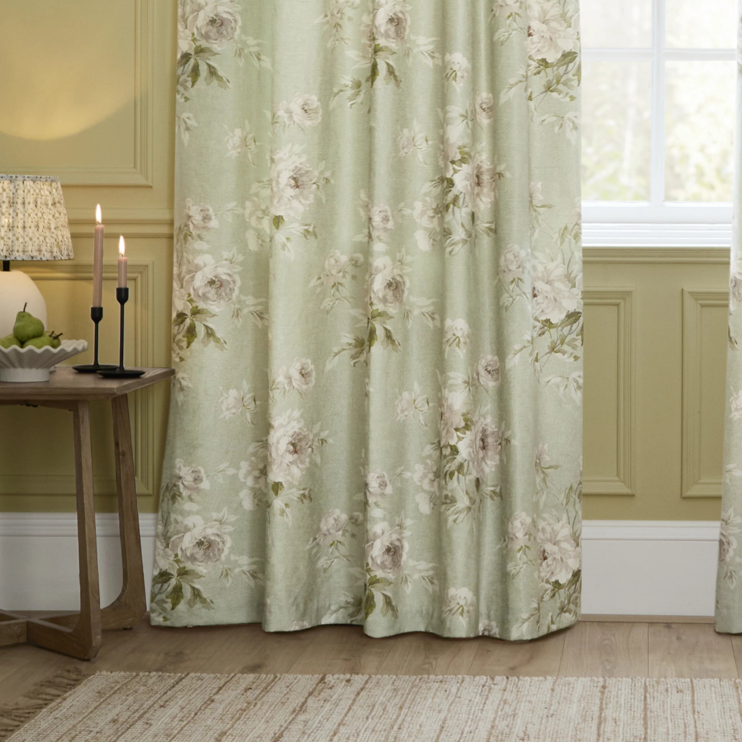 Adele Floral Chenille Pencil Pleat Curtains - Sage