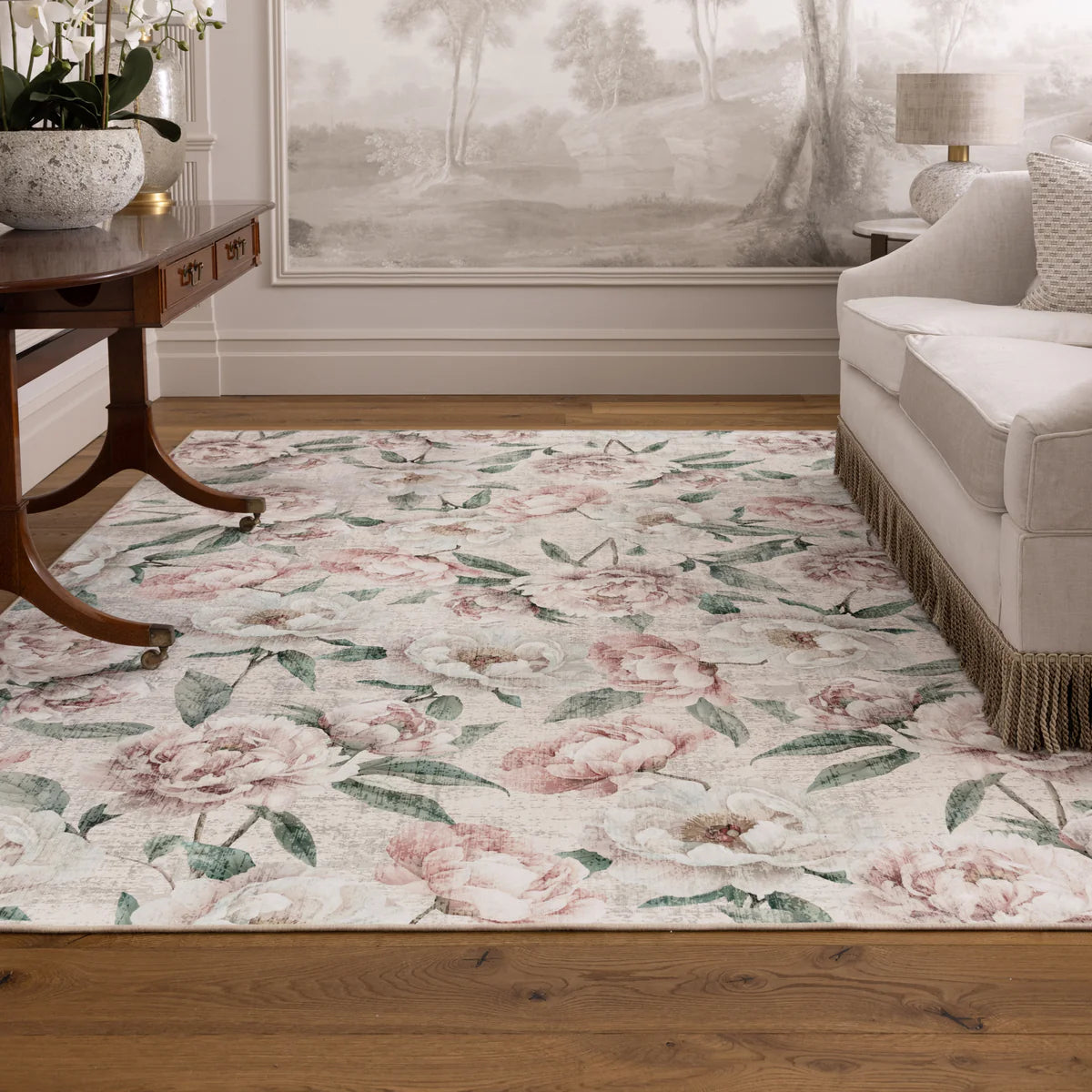Tapis écologique lavable-Pivoines en fleurs rose huître