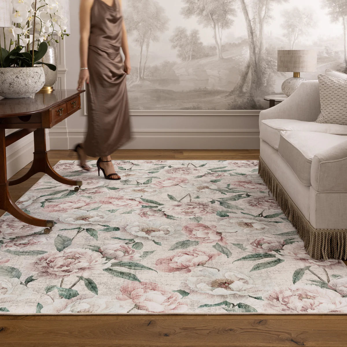 Tapis écologique lavable-Pivoines en fleurs rose huître