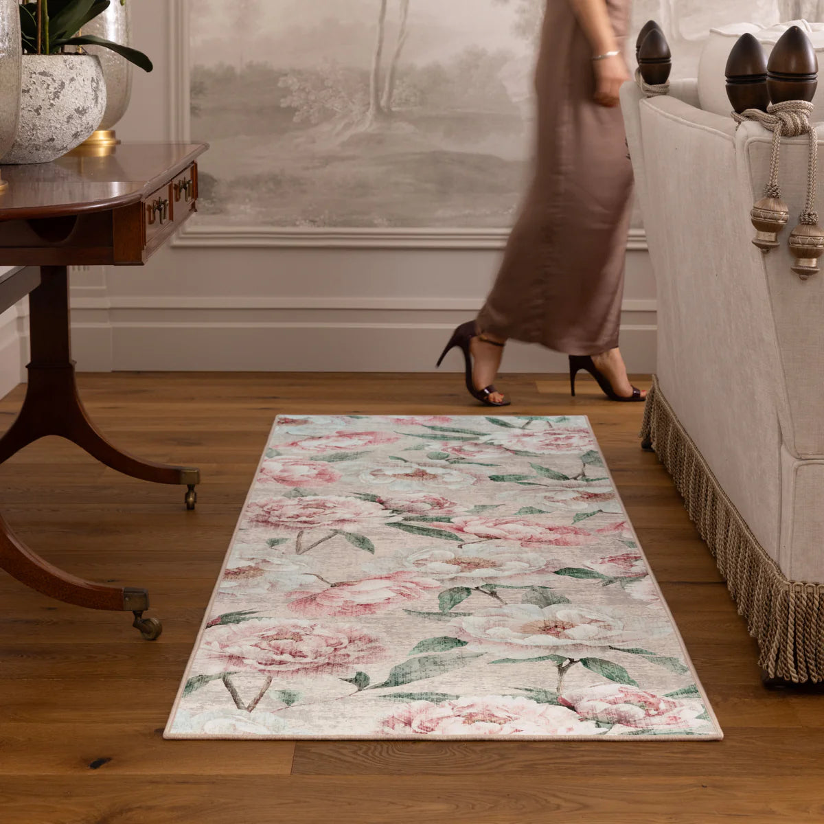 Tapis écologique lavable-Pivoines en fleurs rose huître