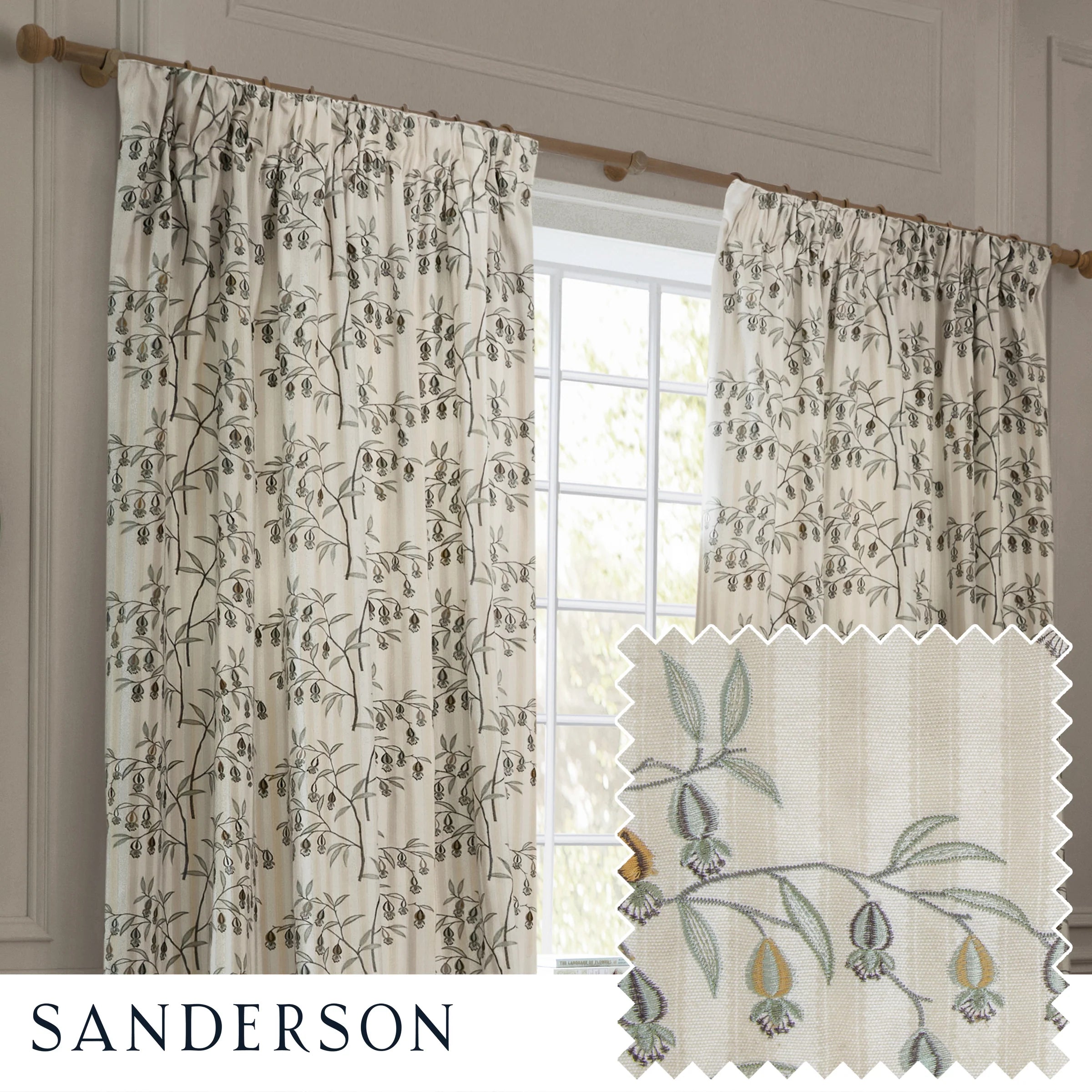 Chinese Lanterns Embroidered Pencil Pleat Curtains - Linen