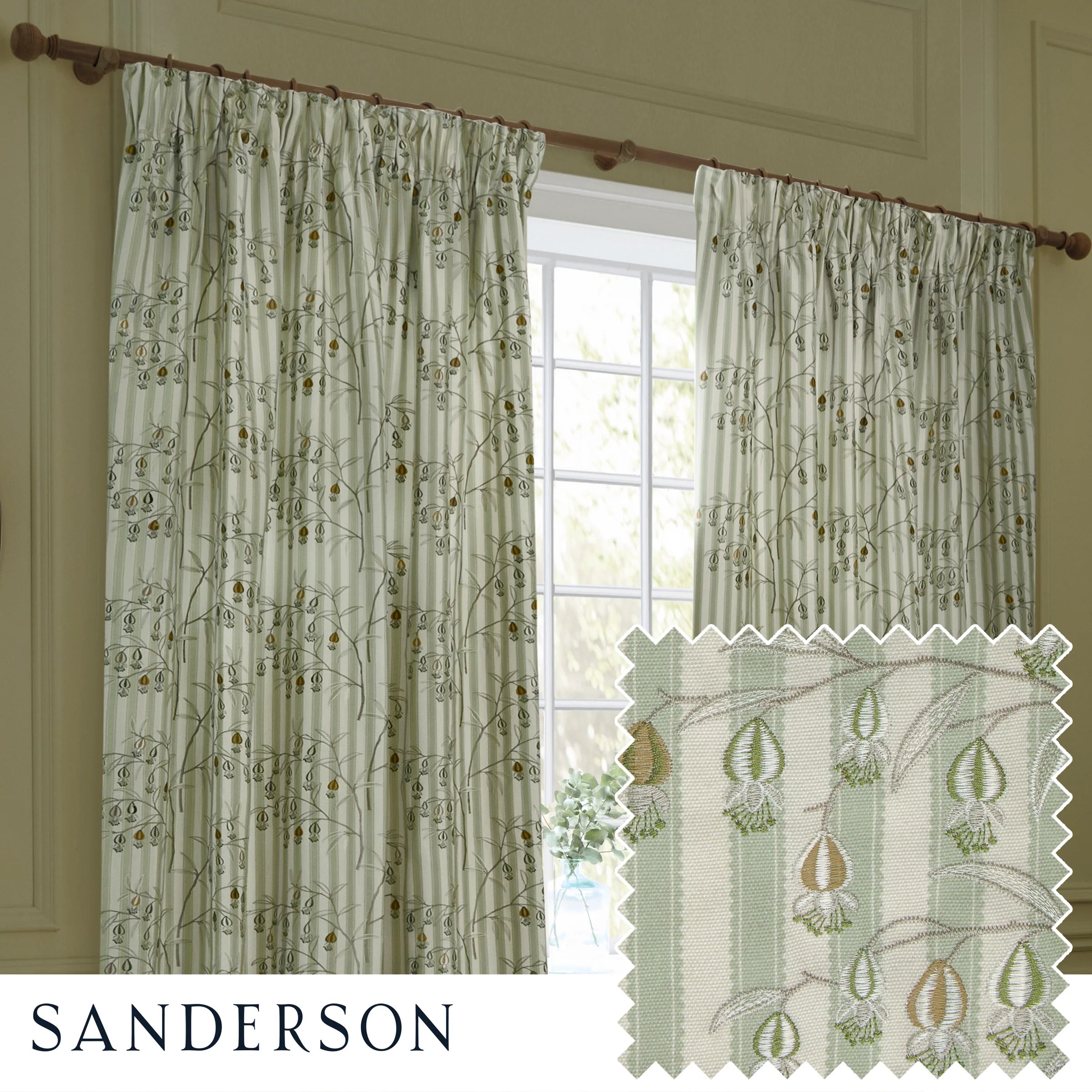 Chinese Lanterns Embroidered Pencil Pleat Curtains - Sage