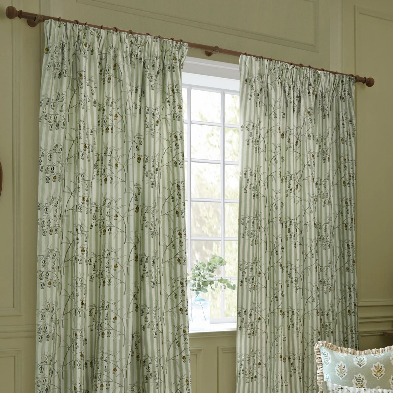 Chinese Lanterns Embroidered Pencil Pleat Curtains - Sage