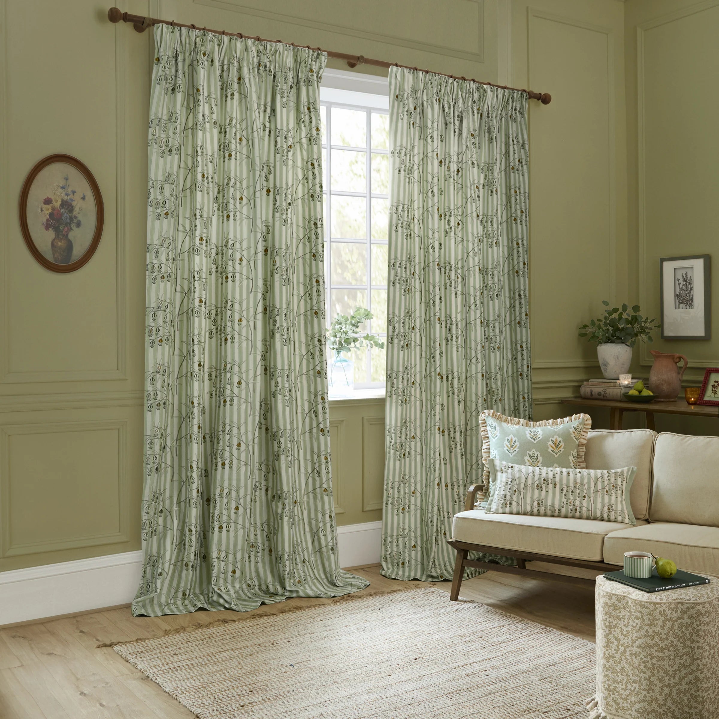 Chinese Lanterns Embroidered Pencil Pleat Curtains - Sage