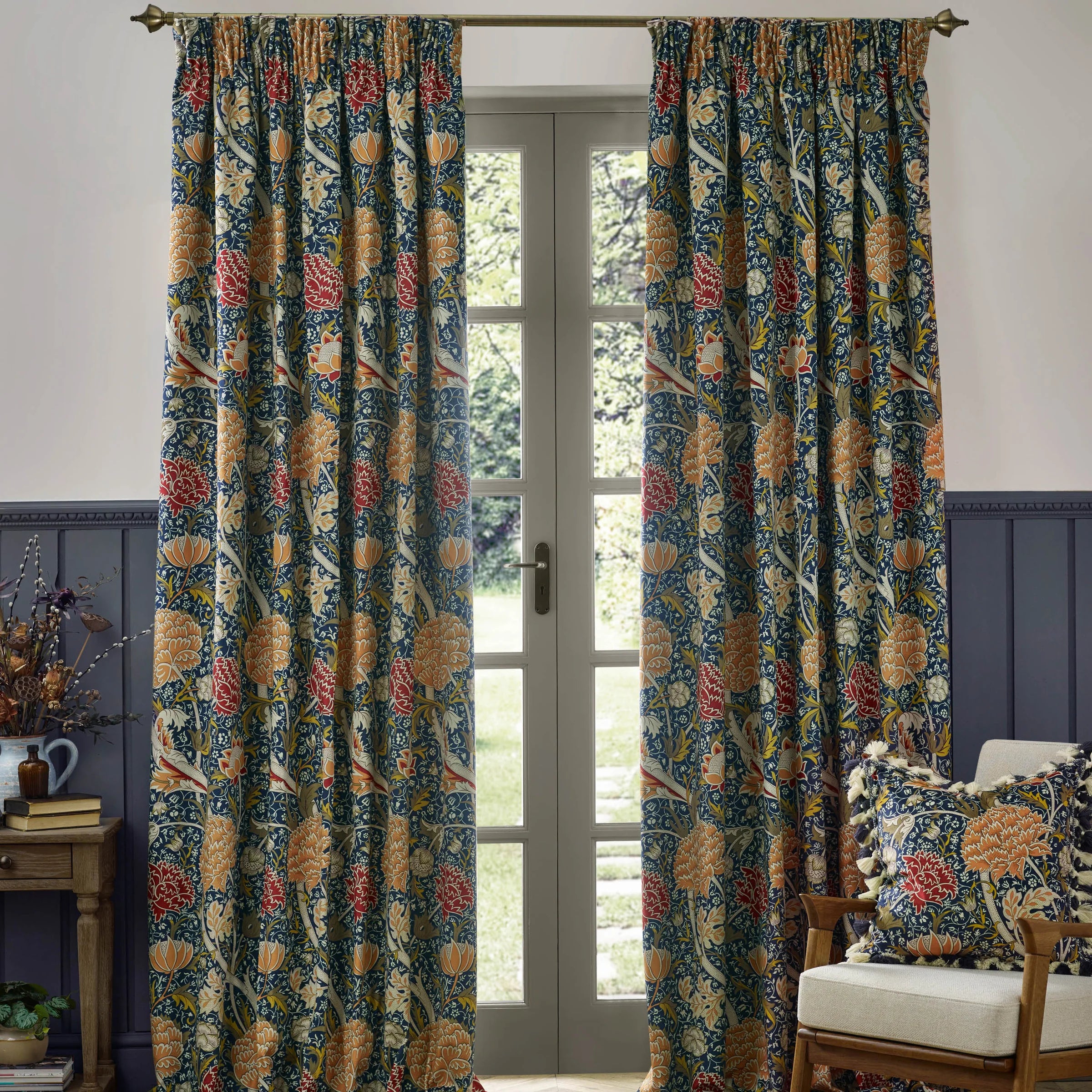Tende a pieghe a matita in jacquard Brook Woodland - Lino