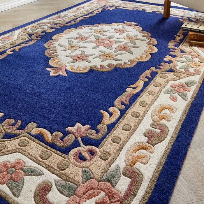 Vintage Motif - Navy Blue Cushioned Wool Rug