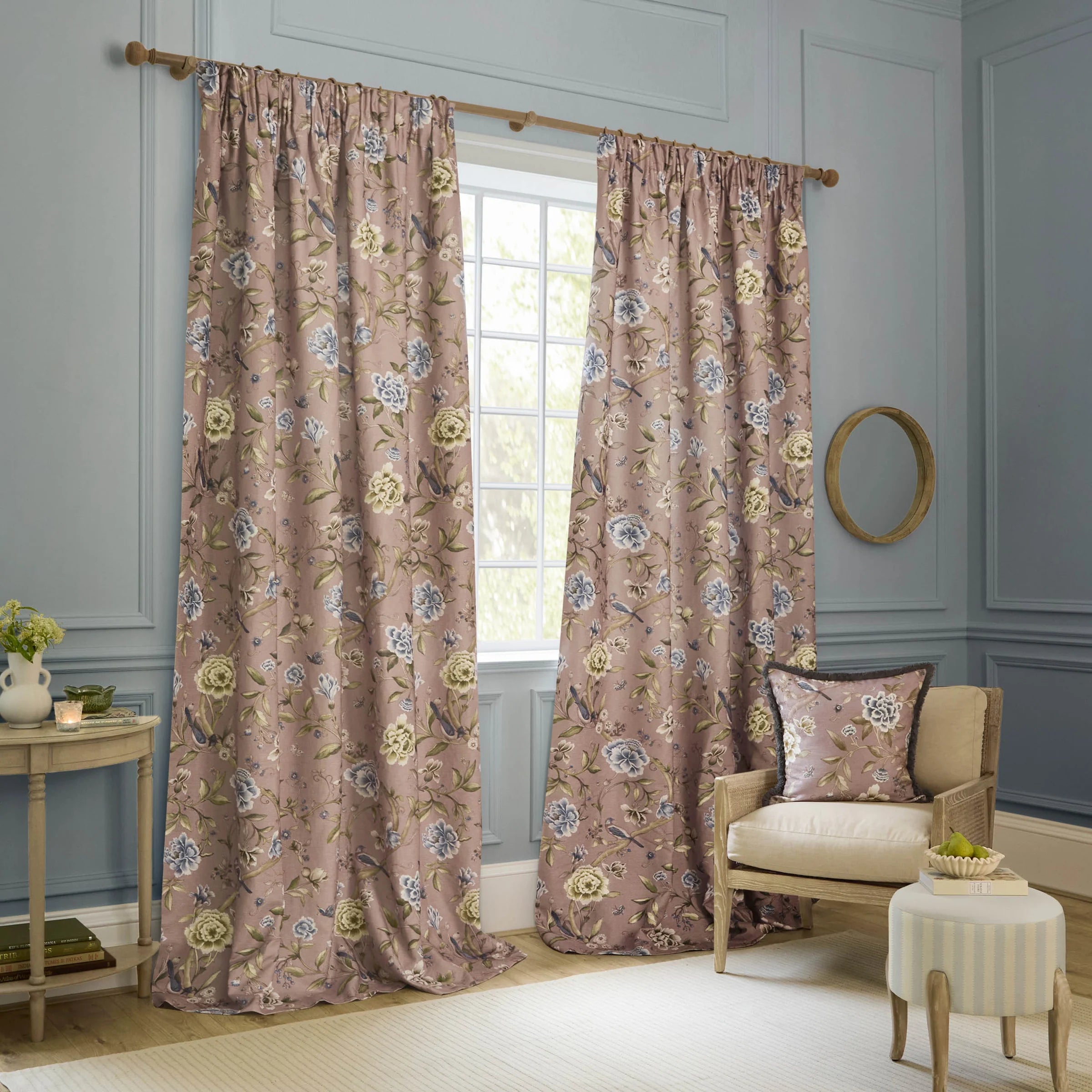 Porcelain Garden Printed Chenille Pencil Pleat Curtains - Blush
